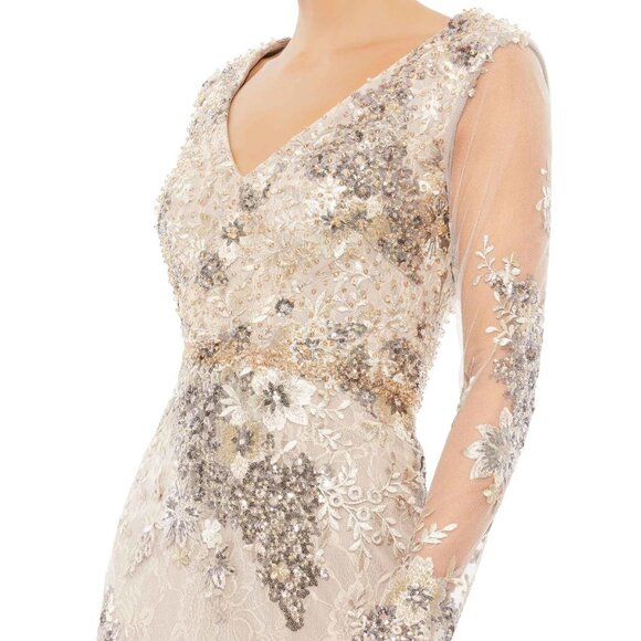 MAC DUGGAL 67539 Taupe Embellished V-Neck Illusion Long Sleeve Gown 6 NWT $698 - Picture 3 of 8